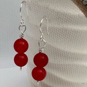 Sterling Silver Red Jade Beaded Earrings